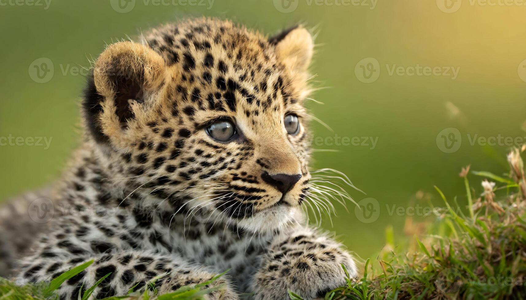 ai generato neonato bambino leopardo cucciolo riposo su erba foto