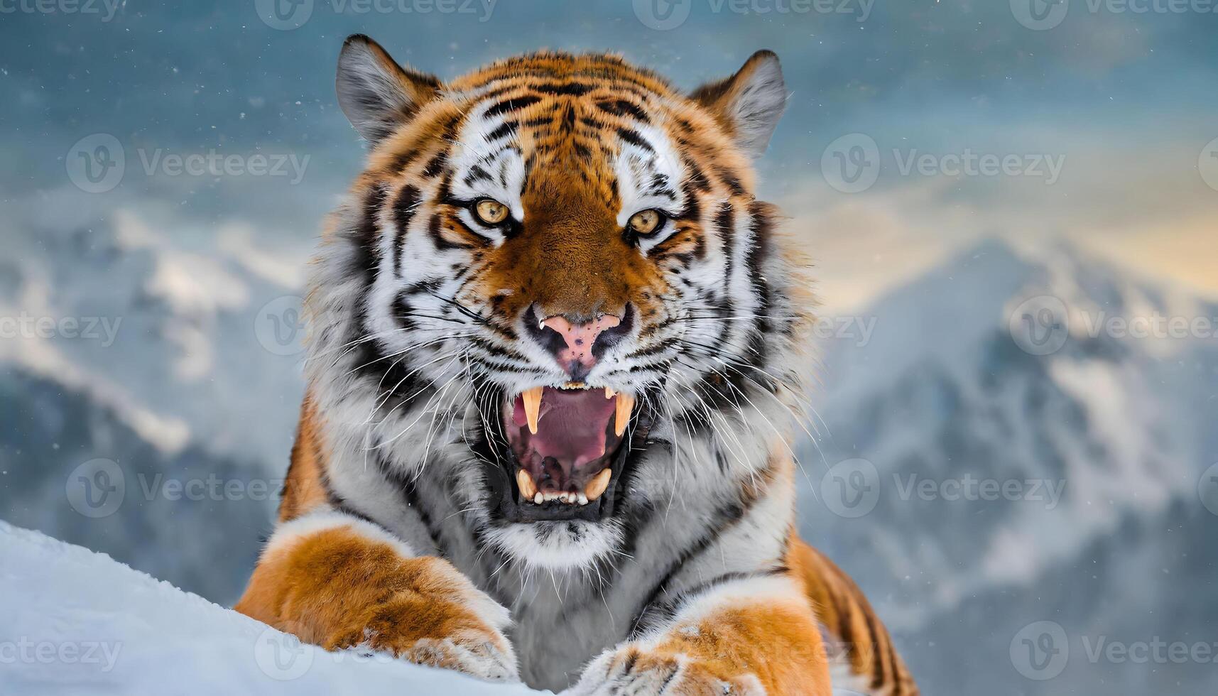 ai generato arrabbiato aggressivo siberiano tigre avvicinamento su neve montagne foto