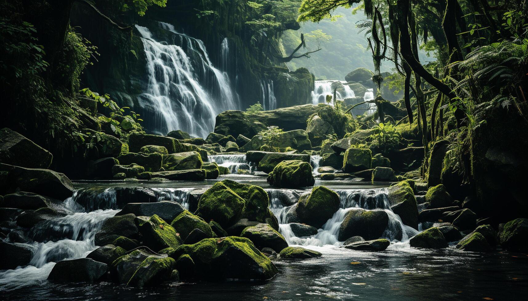 ai generato maestoso tropicale foresta pluviale, fluente acqua, tranquillo scogliera, sfocato movimento generato di ai foto