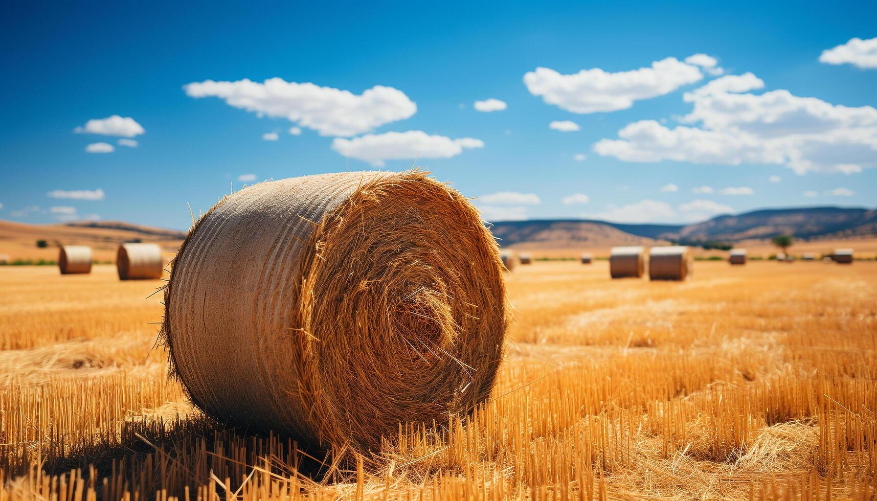 ai generato rurale azienda agricola paesaggio, d'oro fieno balle sotto blu cielo generato di ai foto