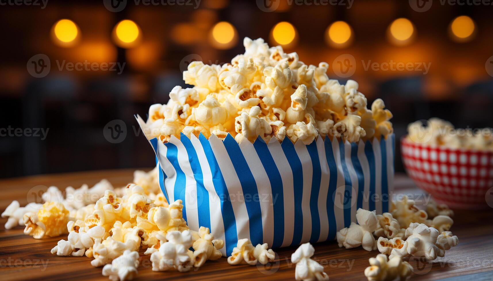 ai generato Guardando un' film, godendo dolce Popcorn nel un' a strisce ciotola generato di ai foto