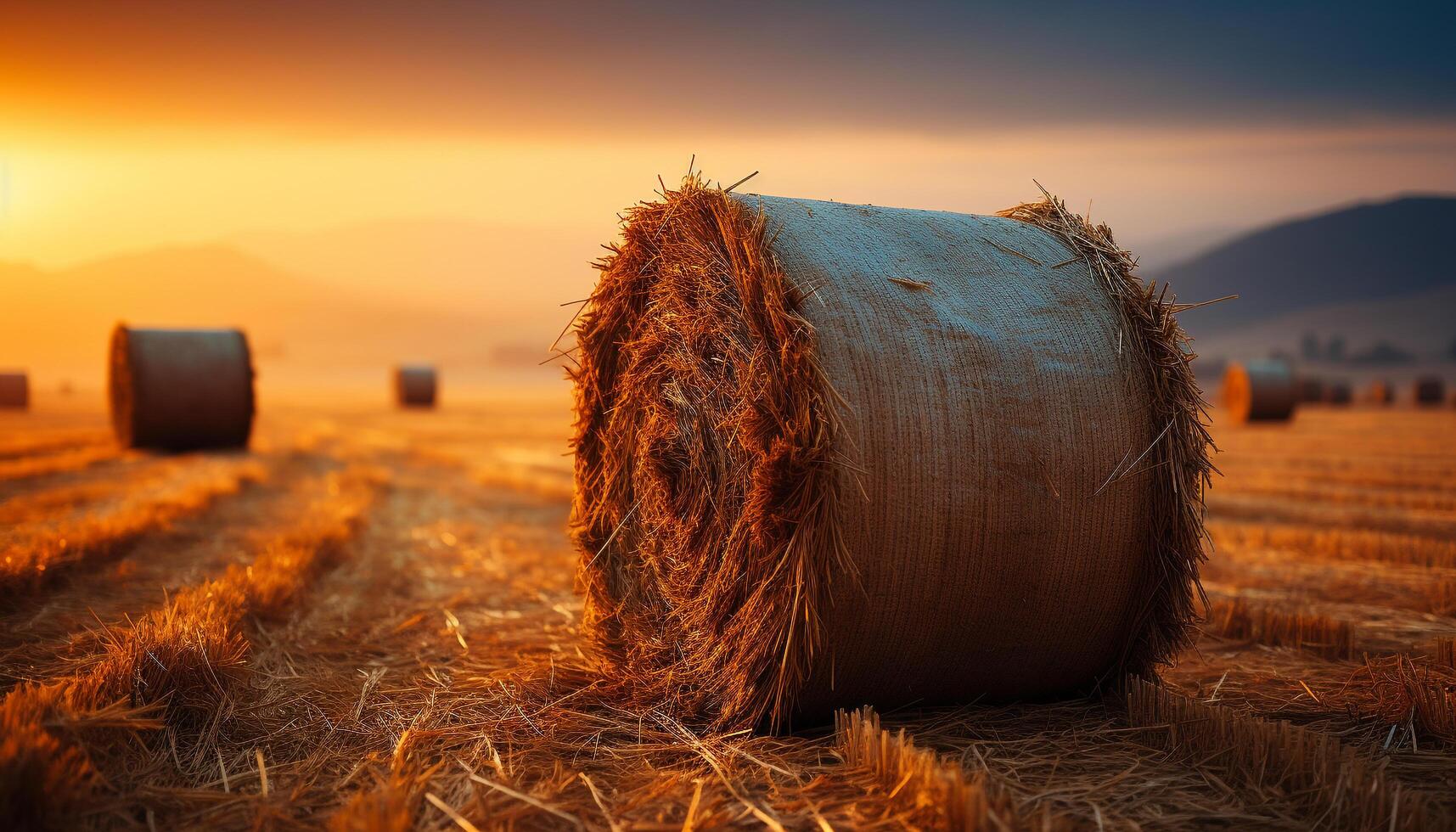 ai generato tramonto al di sopra di rurale azienda agricola, d'oro mucchi di fieno rotolo nel prato generato di ai foto