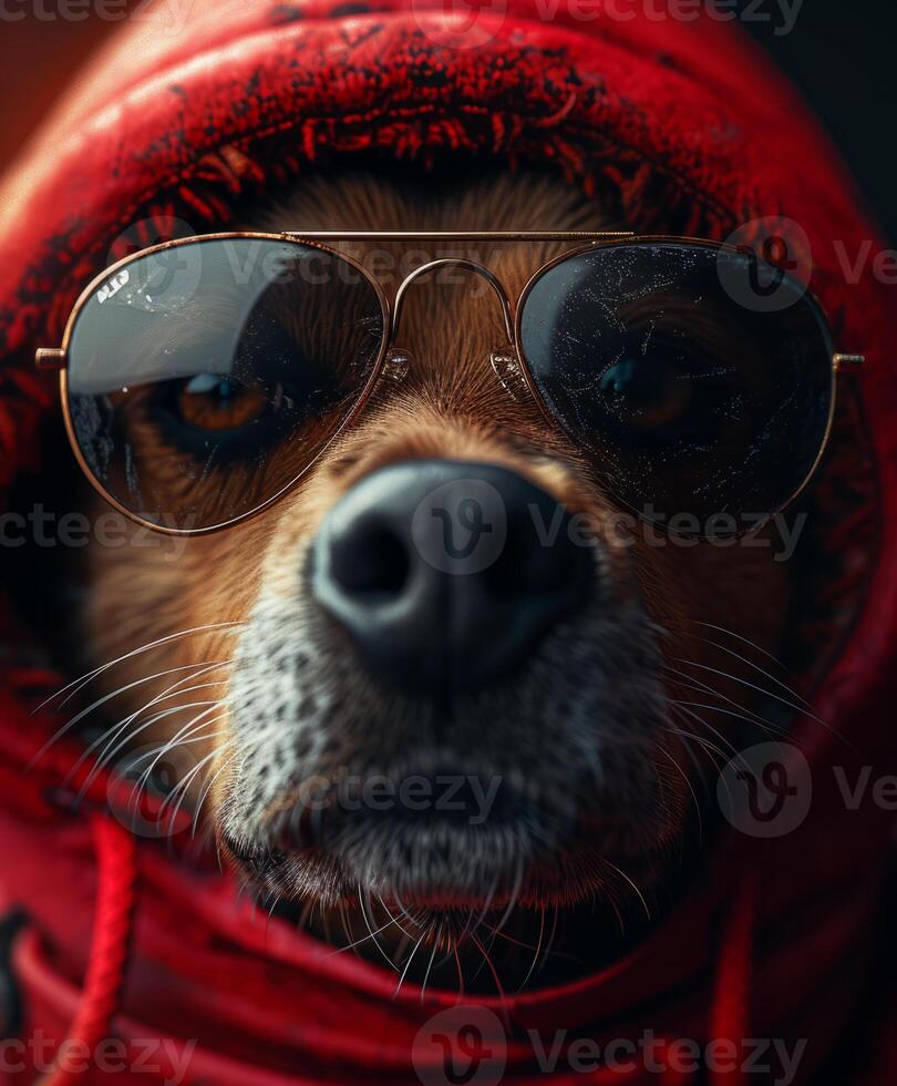 ai generato cane nel cappuccio e occhiali da sole. cane nel maschera e occhiali da sole assunzione un' Fumo foto