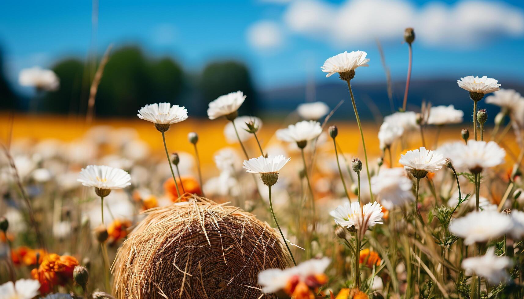 ai generato luminosa giallo margherita fiori nel un' tranquillo prato generato di ai foto