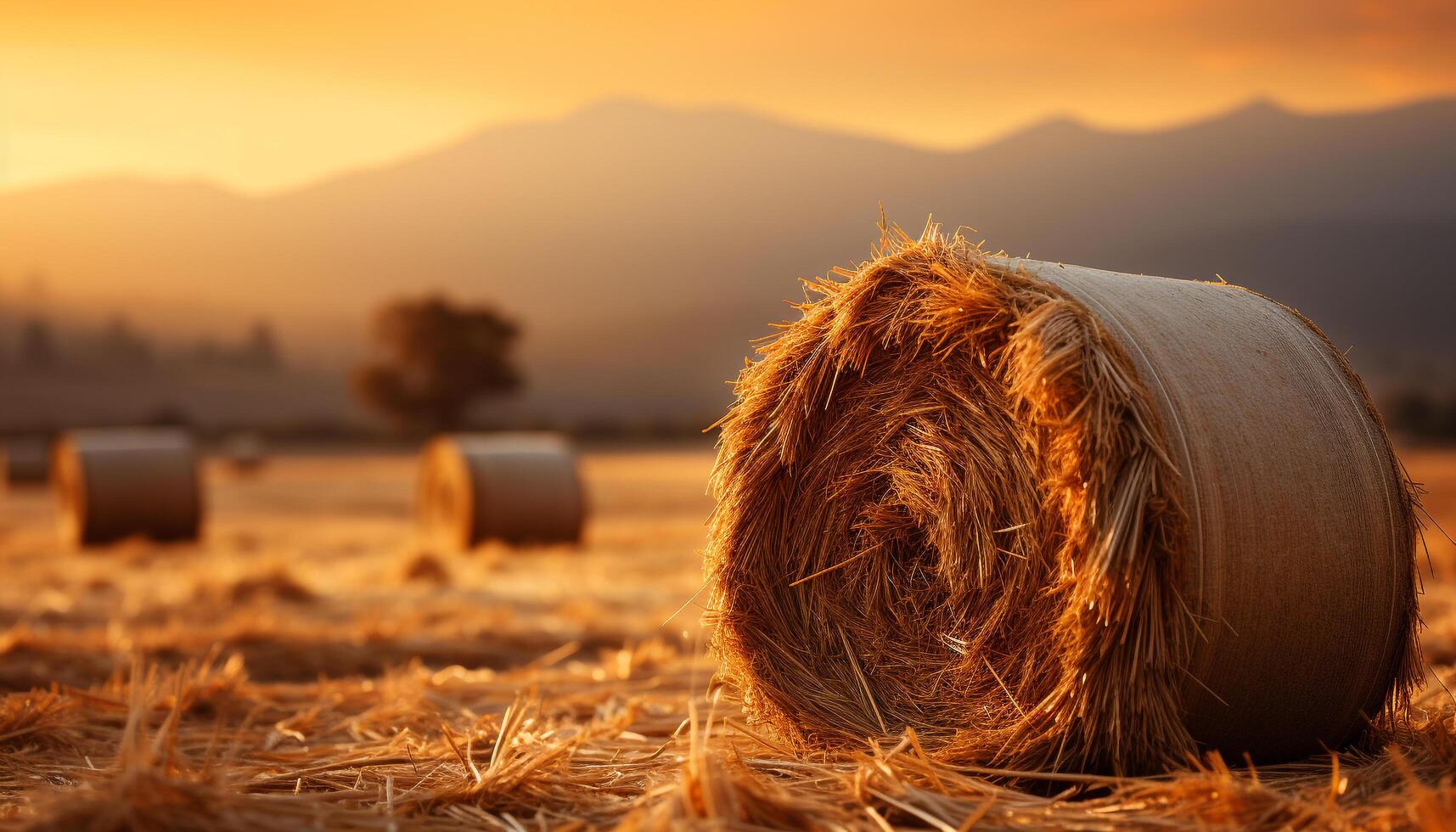 ai generato tramonto al di sopra di un' rurale azienda agricola, mucchi di fieno rotolo nel prati generato di ai foto