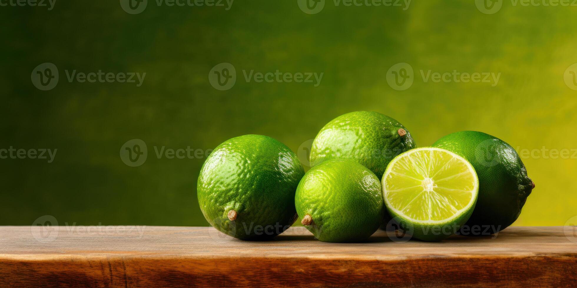 ai generato mucchio di Limes su di legno tavolo con verde sfondo. generativo ai foto