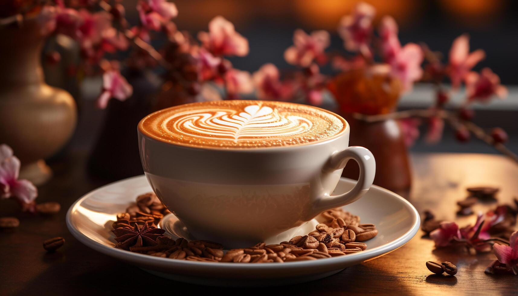 ai generato aromatico caffè tazza su di legno tavolo, schiumoso cappuccino freschezza generato di ai foto