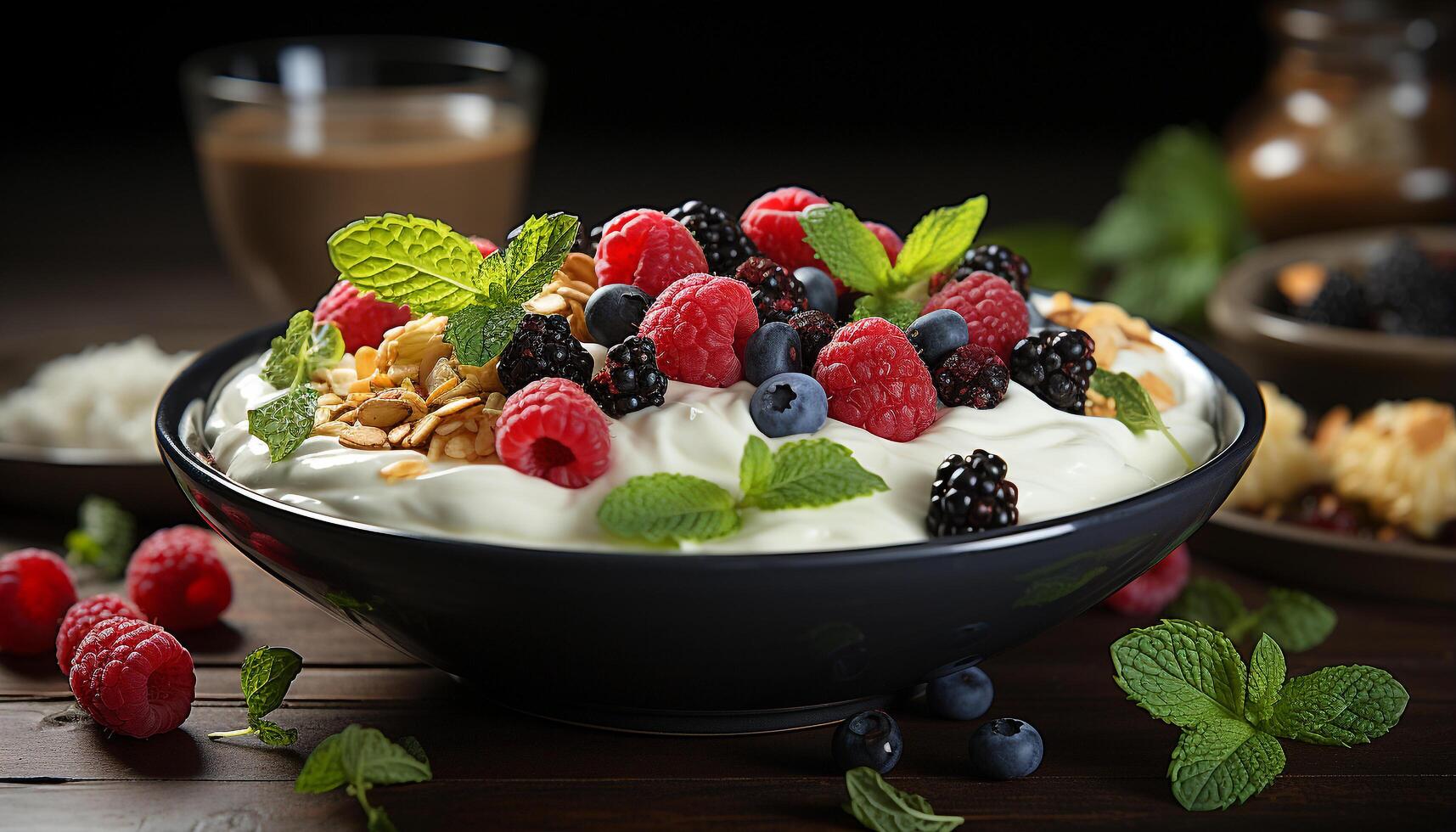 ai generato freschezza nel un' ciotola lampone, mirtillo, menta foglia, muesli, greco Yogurt generato di ai foto