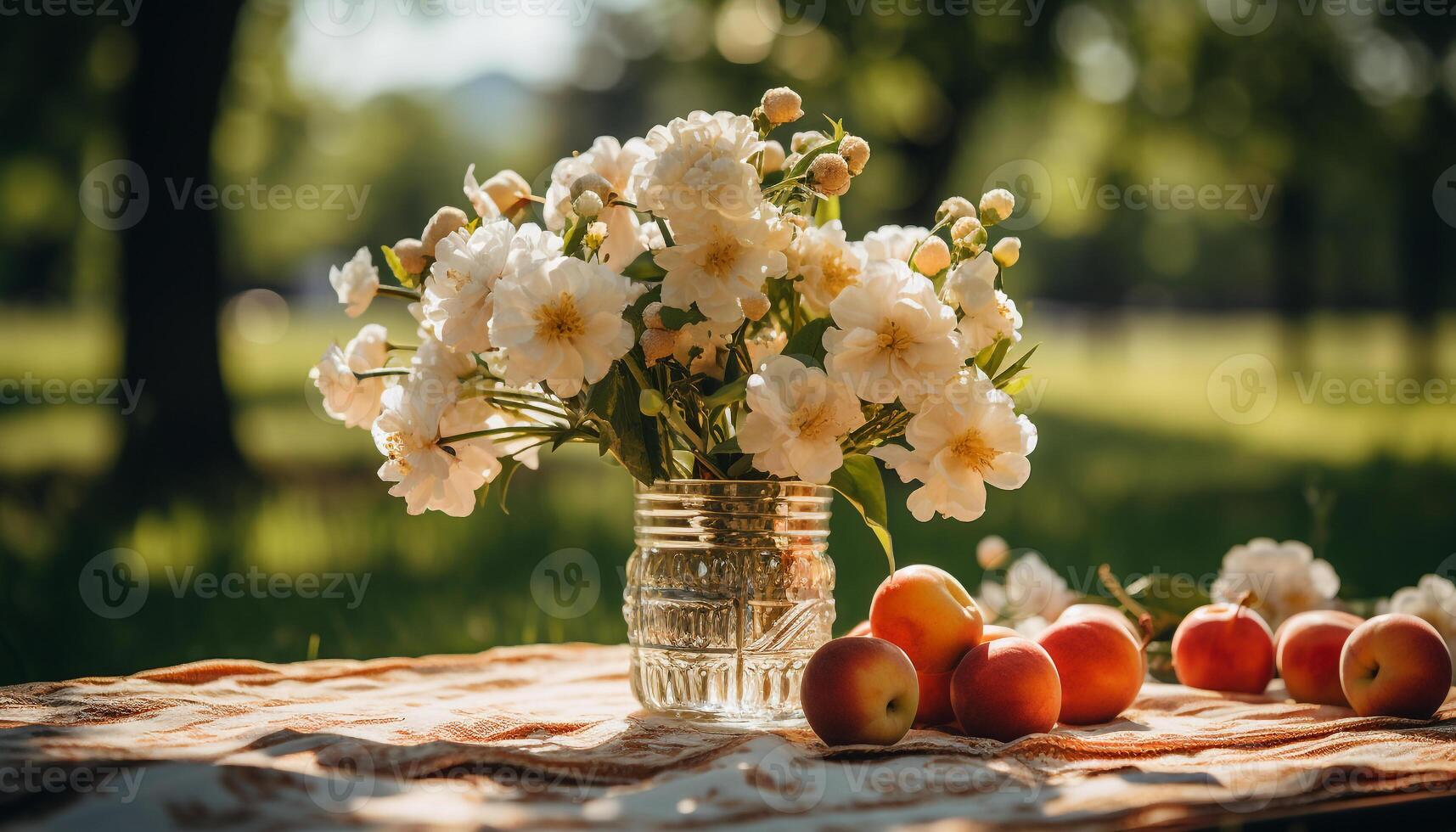 ai generato freschezza di estate all'aperto, fiore mazzo su picnic tavolo generato di ai foto