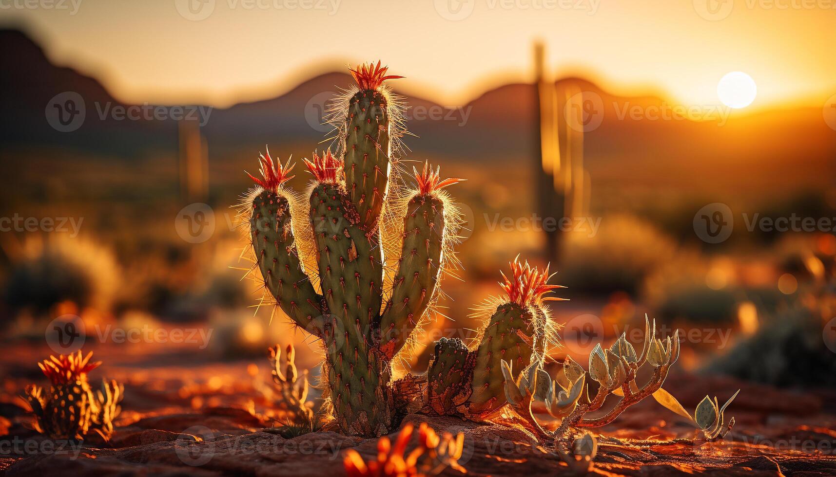 ai generato tramonto al di sopra di arido paesaggio, spine e succulento impianti prosperare generato di ai foto