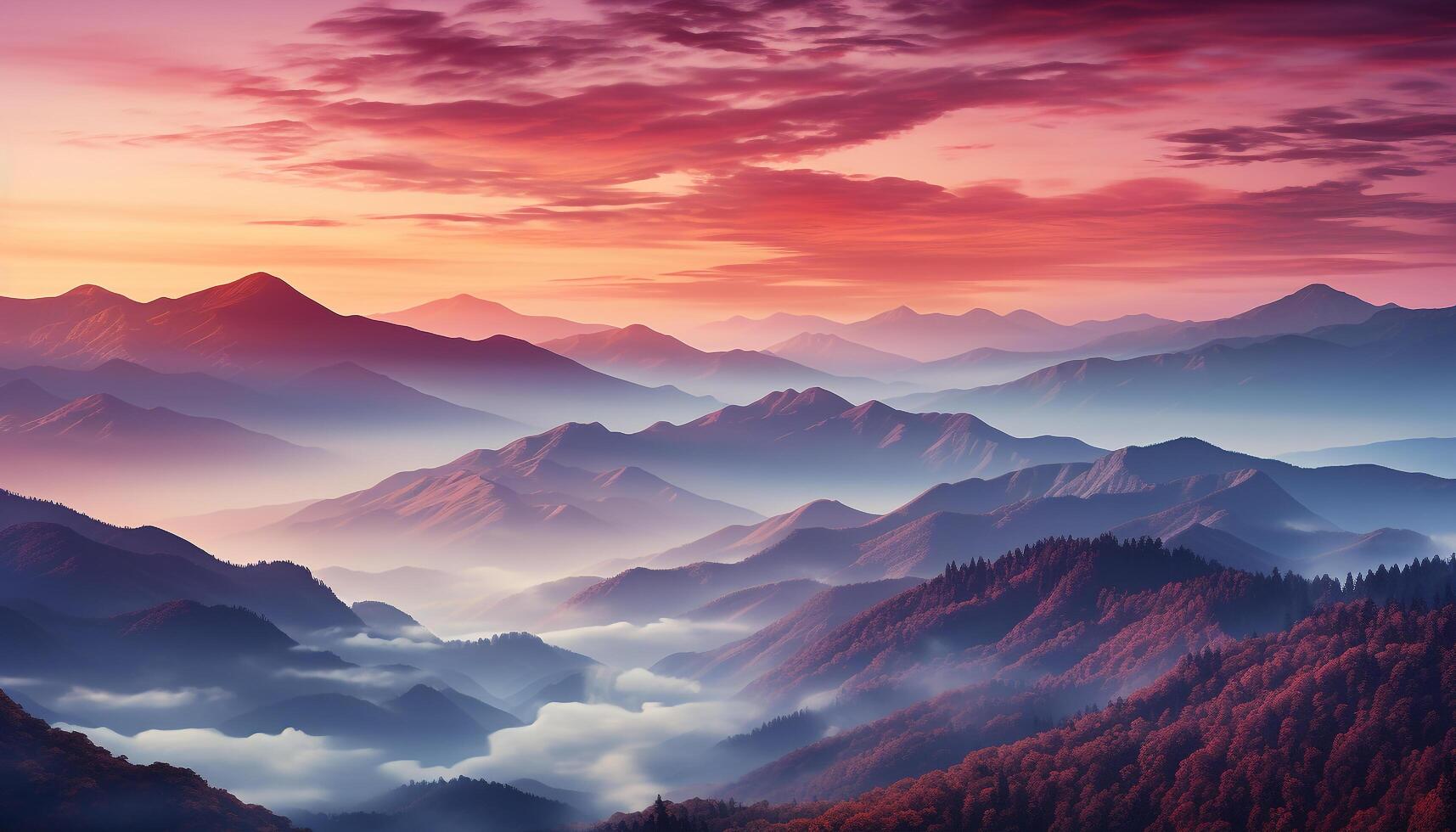 ai generato maestoso montagna picco sagome nel tranquillo tramonto paesaggio generato di ai foto