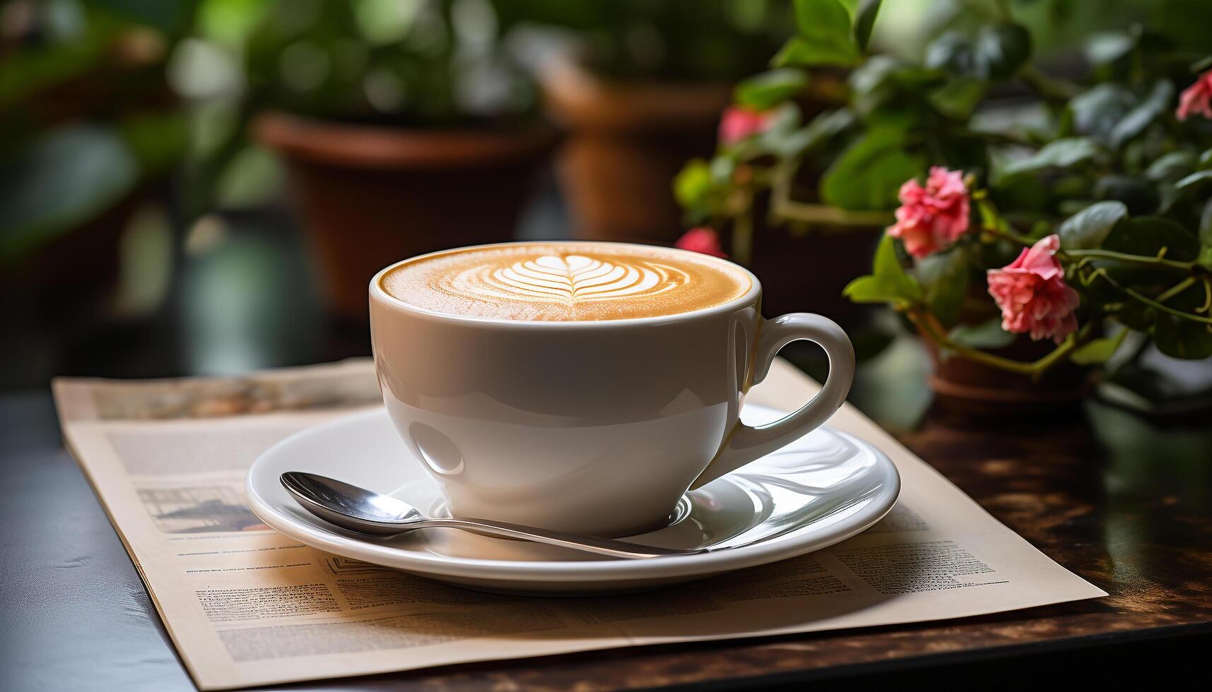 ai generato fresco cappuccino su di legno tavolo, un' Perfetto caffè rompere generato di ai foto