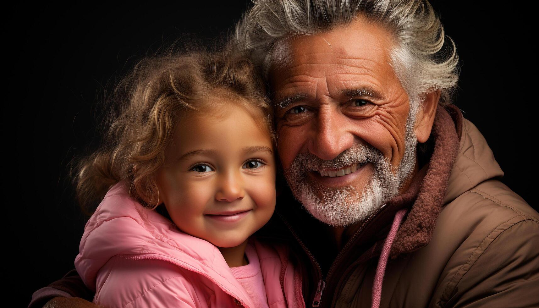 ai generato sorridente ritratto di un' caucasico bambino con un' allegro nonno generato di ai foto