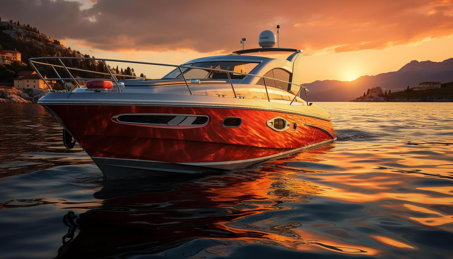 ai generato andare in barca yacht scivola su acqua, tramonto vernici natura bellezza generato di ai foto