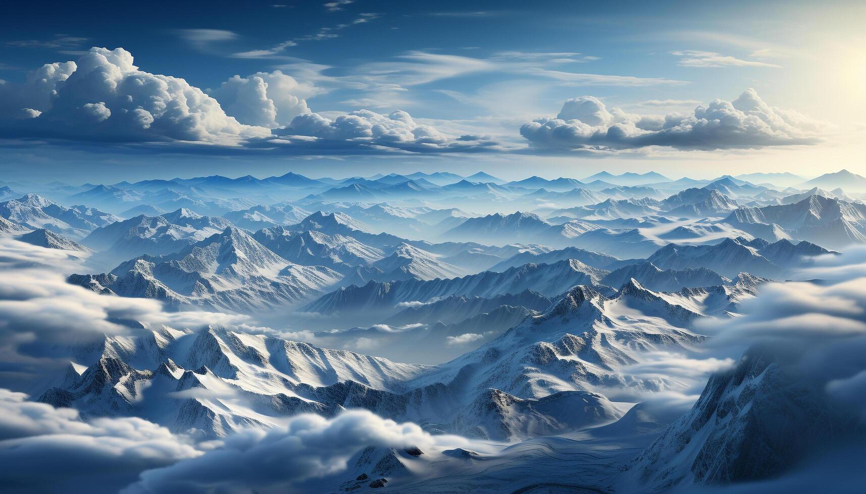 ai generato maestoso montagna picco, neve coperto paesaggio, blu cielo, tranquillo scena generato di ai foto