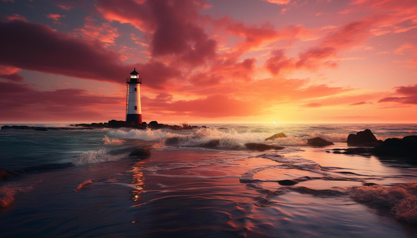 ai generato tramonto al di sopra di il costa, acqua riflettendo il bellezza di natura generato di ai foto