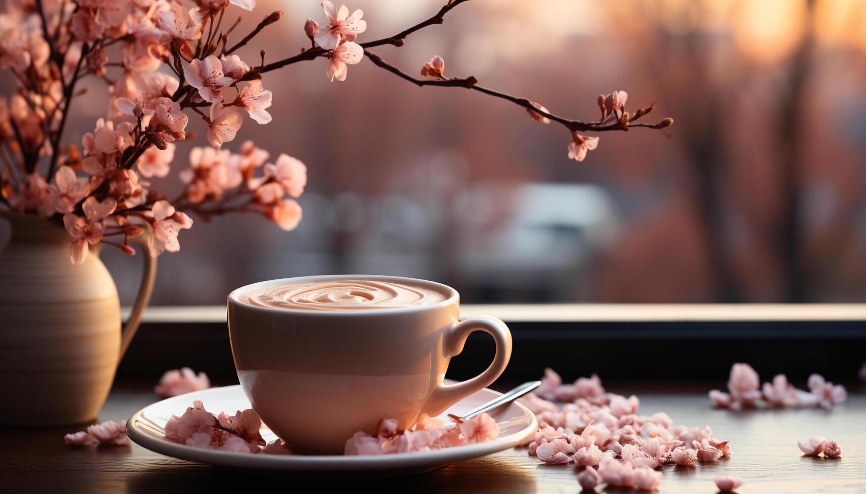 ai generato caffè tazza su di legno tavolo, fresco bevanda nel primavera generato di ai foto