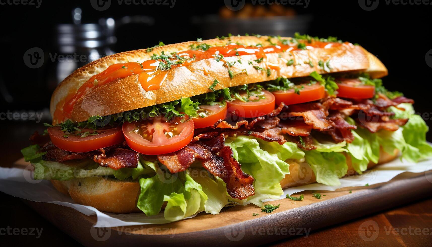 ai generato grigliato carne su Ciabatta, fresco insalata, salutare Sandwich pasto generato di ai foto