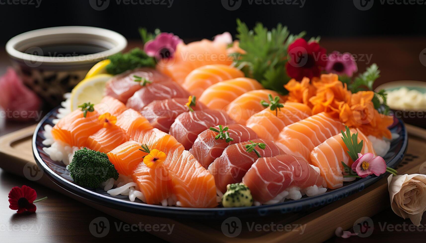 ai generato freschezza e varietà su un' piatto Sushi, sashimi, frutti di mare, e Di Più generato di ai foto