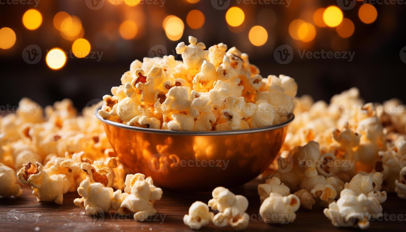 ai generato Guardando un' film, indulgere nel dolce Popcorn rinfresco generato di ai foto