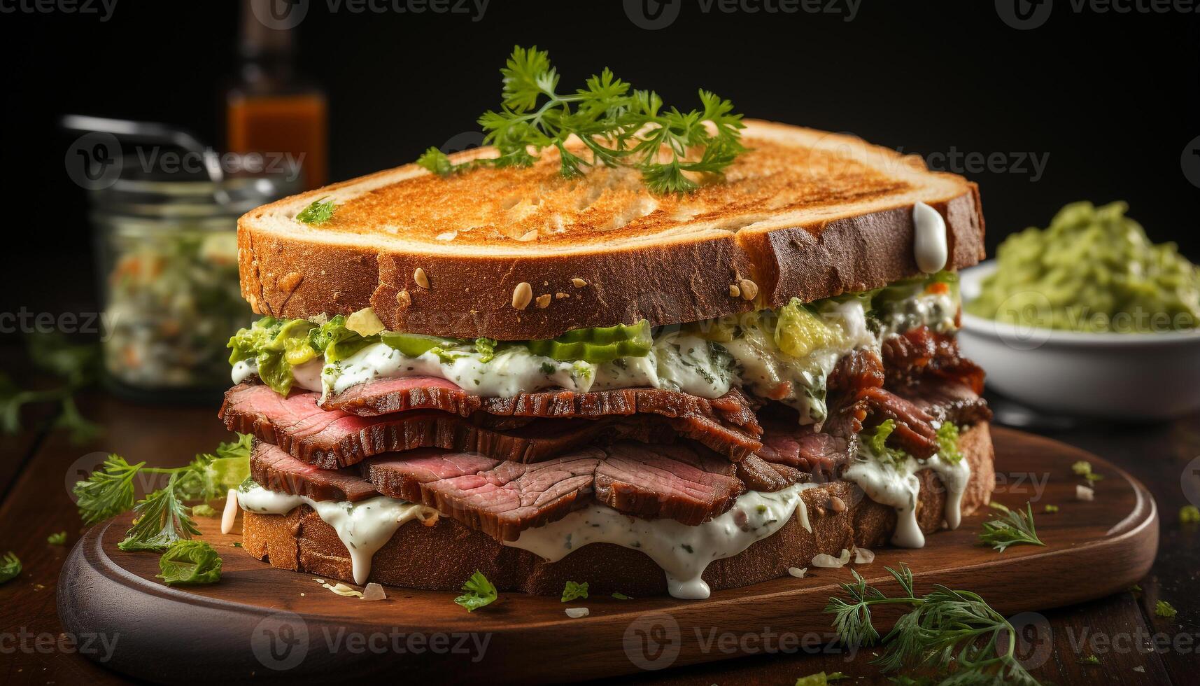 ai generato grigliato Maiale Sandwich su rustico legna tavolo, fresco e delizioso generato di ai foto
