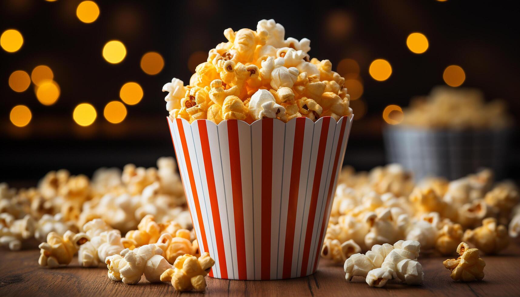 ai generato indulgente film merenda soffice Popcorn nel giallo a strisce secchio generato di ai foto