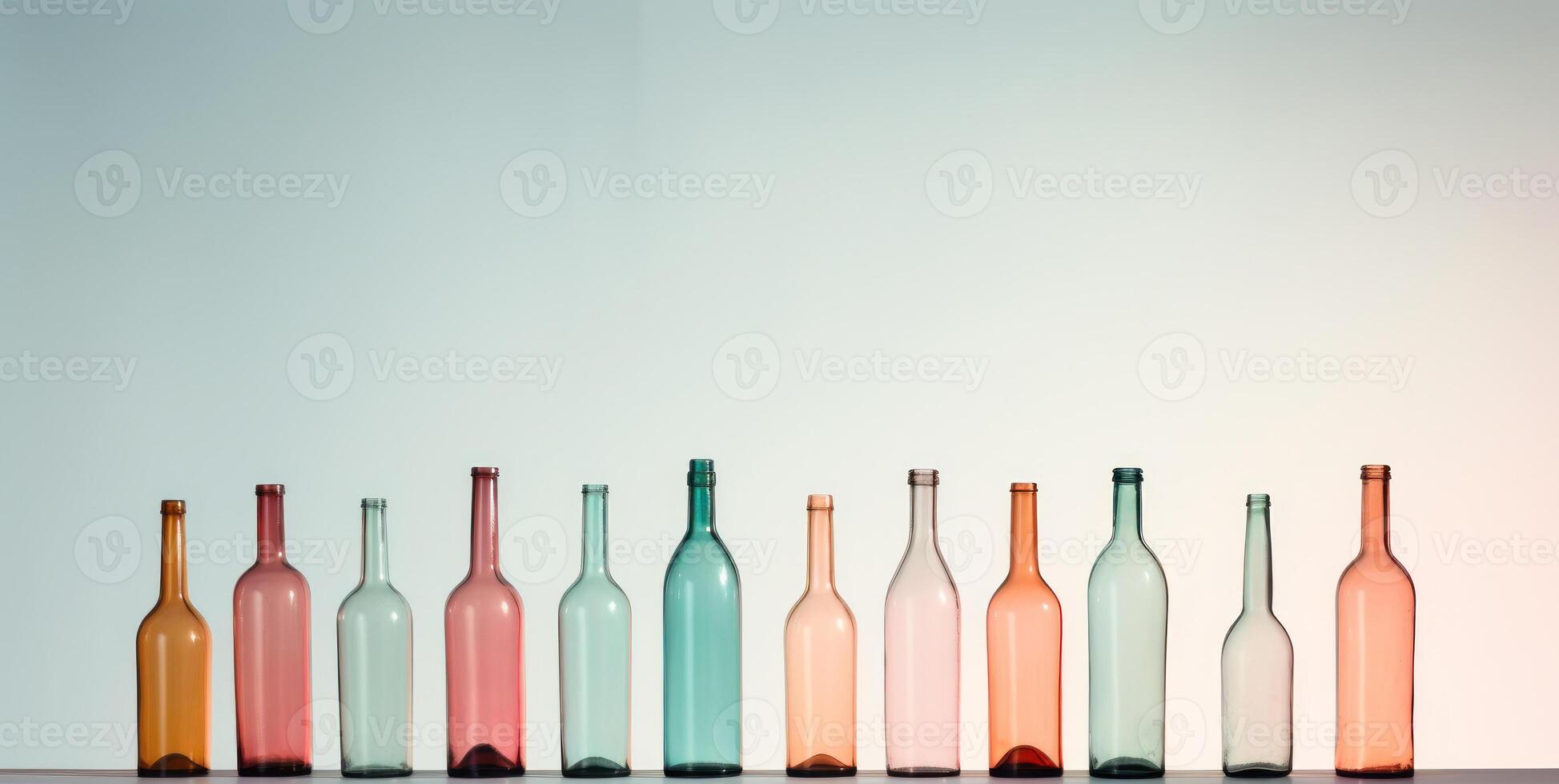 ai generato riga di riciclato colorato bicchiere bottiglie. eco-friendly concetto. monouso riciclato Materiale. generativo ai foto