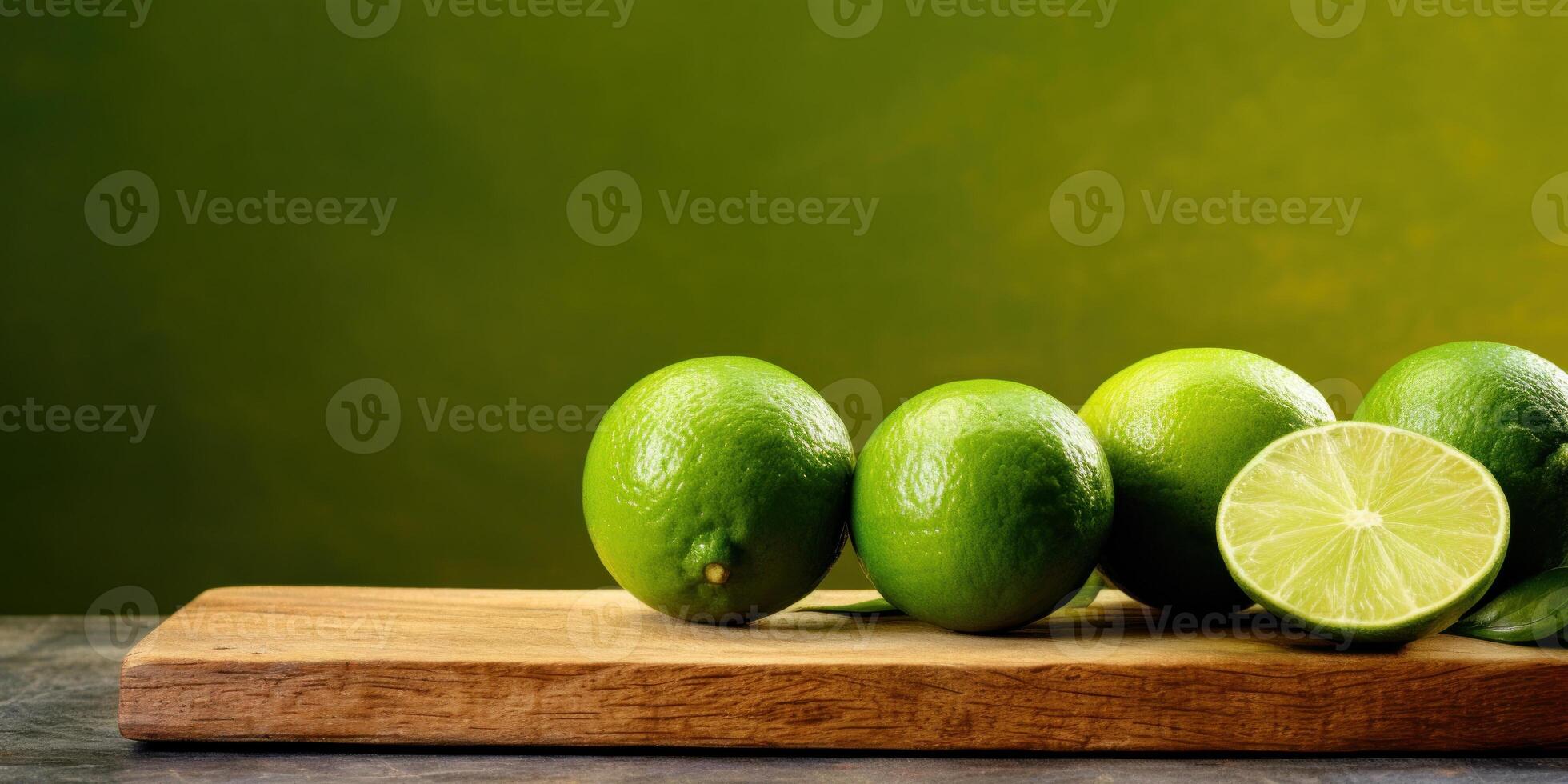 ai generato affettato Limes su un' di legno taglio tavola verde sfondo. salutare cibo ancora vita. generativo ai foto