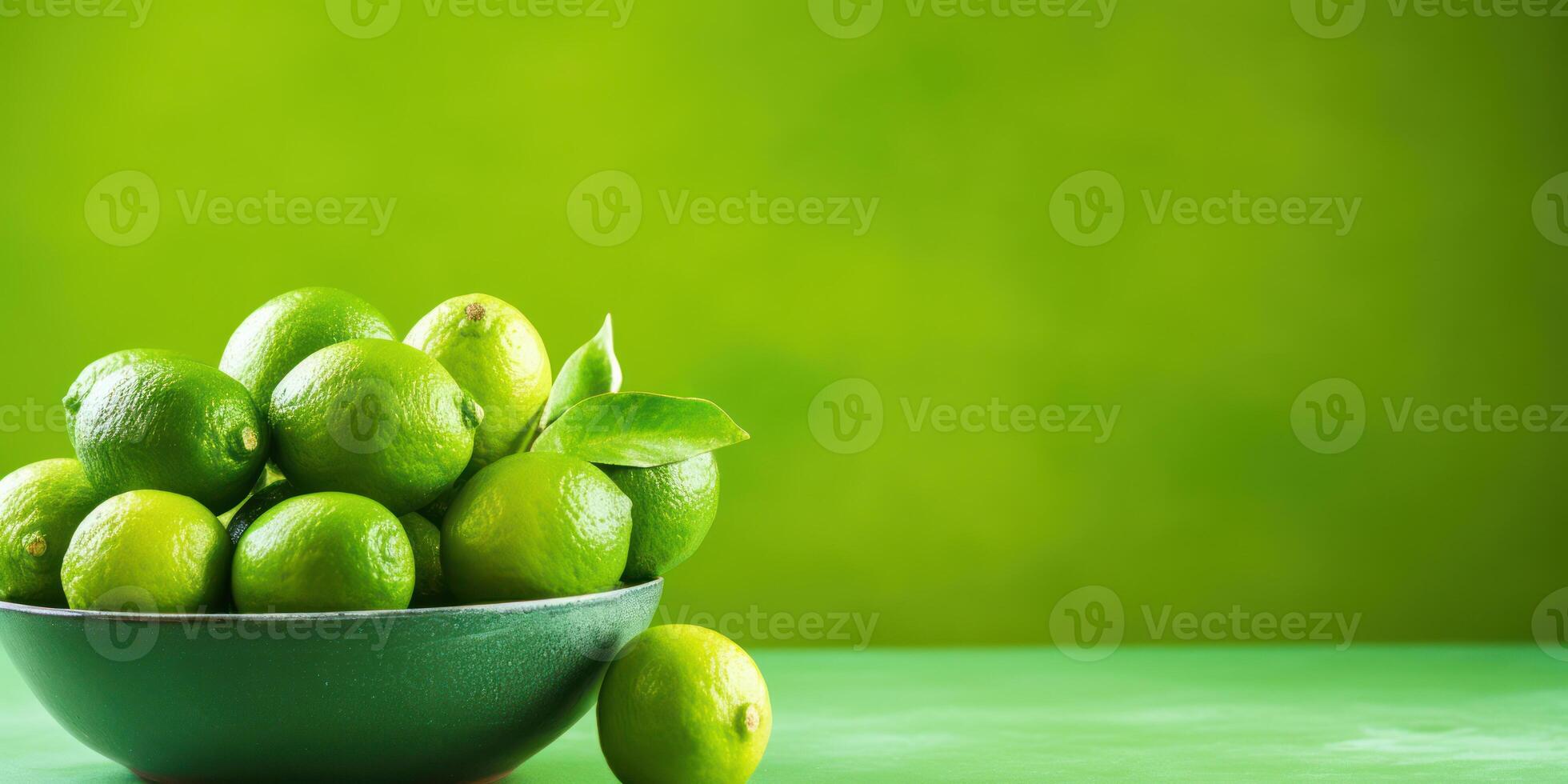 ai generato Limes nel ciotola su tavolo a cucina, verde sfondo e copia spazio. agrume acida frutta. generativo ai foto