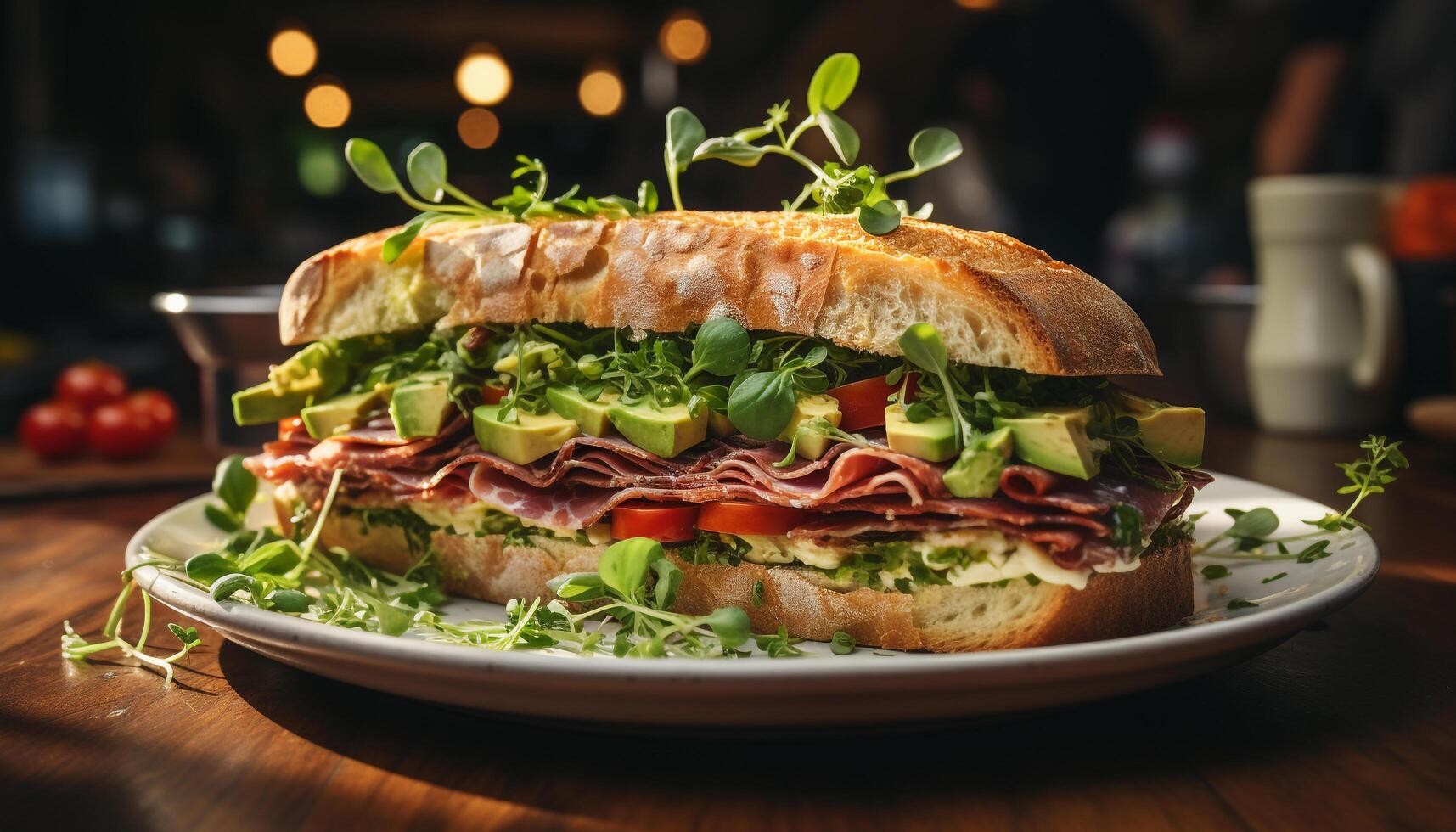 ai generato grigliato Manzo Sandwich su Ciabatta, un' salutare pranzo opzione generato di ai foto