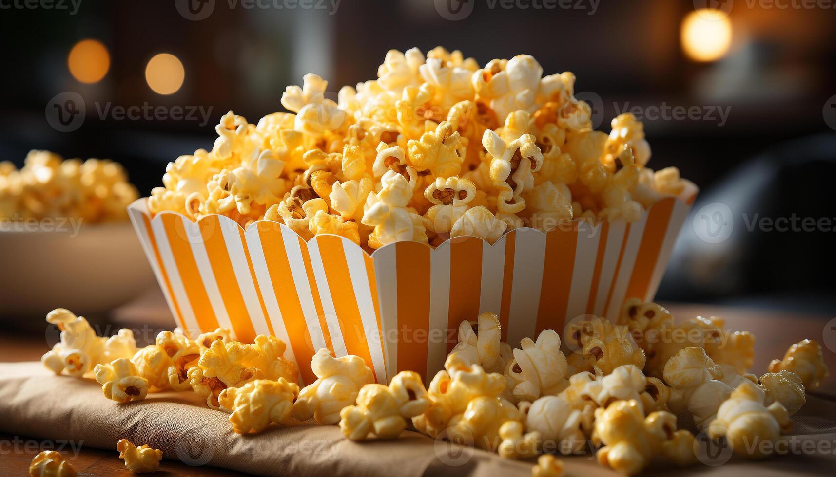 ai generato fresco Popcorn, dolce caramella, e rinfrescante bevanda per film notte generato di ai foto