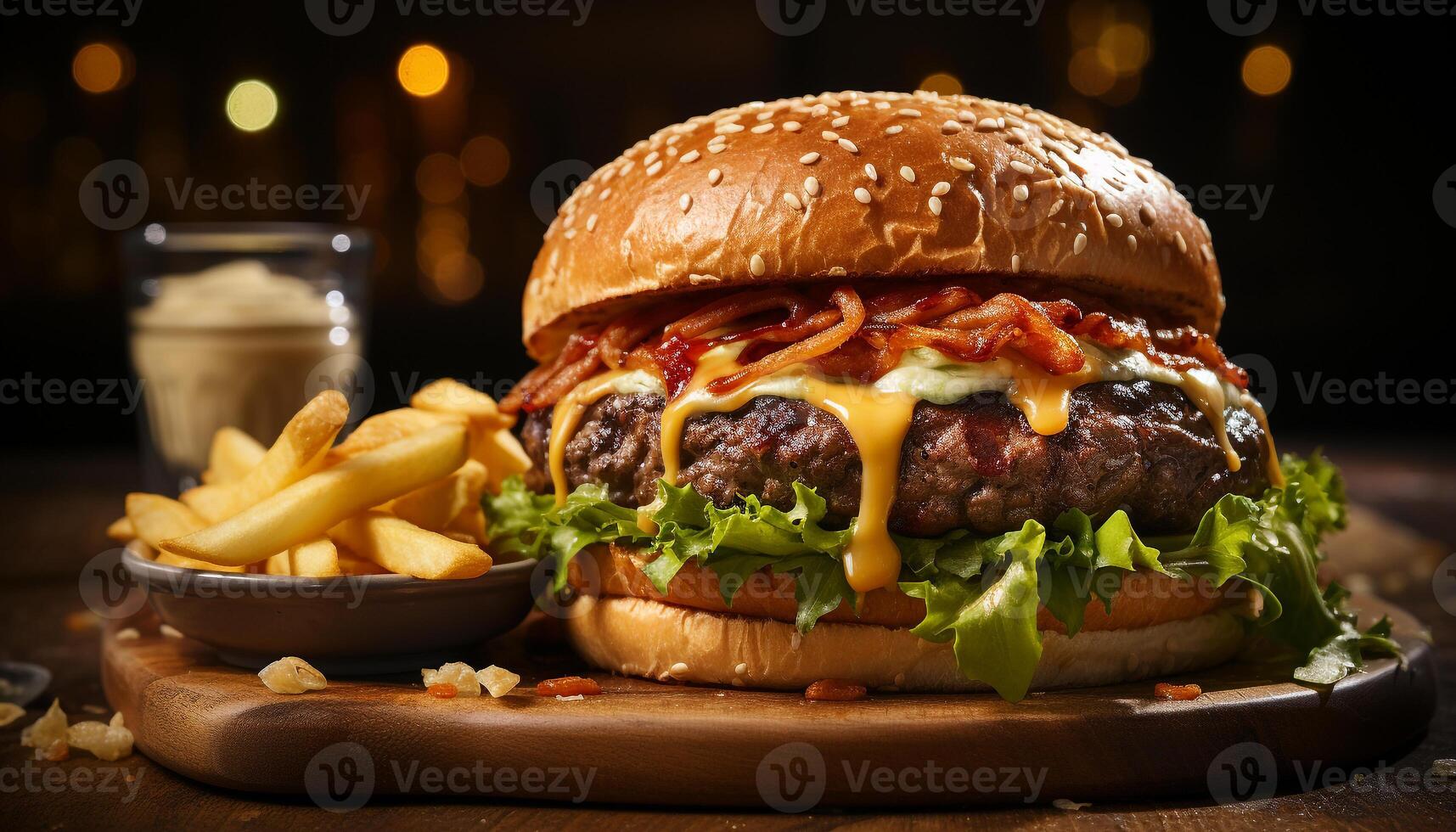 ai generato grigliato buongustaio hamburger con formaggio, patatine fritte, e rinfrescante Coca Cola generato di ai foto