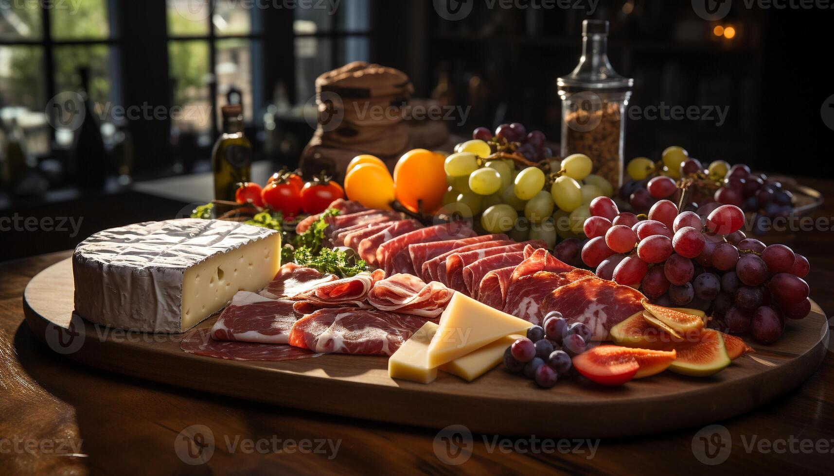 ai generato rustico legna tavolo, buongustaio Antipasti, fresco frutta, e vino generato di ai foto