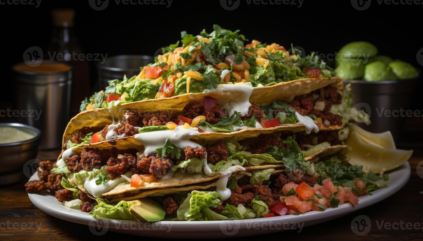 ai generato buongustaio messicano pasto grigliato manzo, guacamole, pomodoro, e coriandolo generato di ai foto