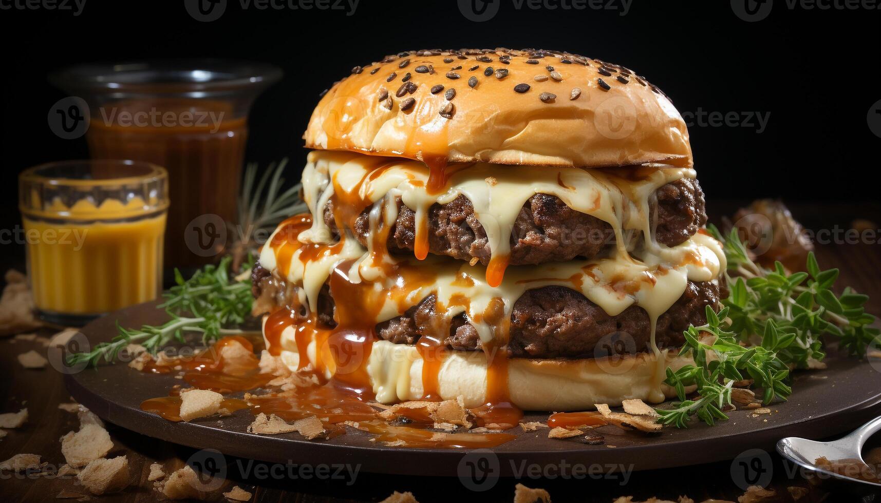 ai generato grigliato Manzo hamburger con fuso Cheddar, fresco pomodoro, e patatine fritte generato di ai foto