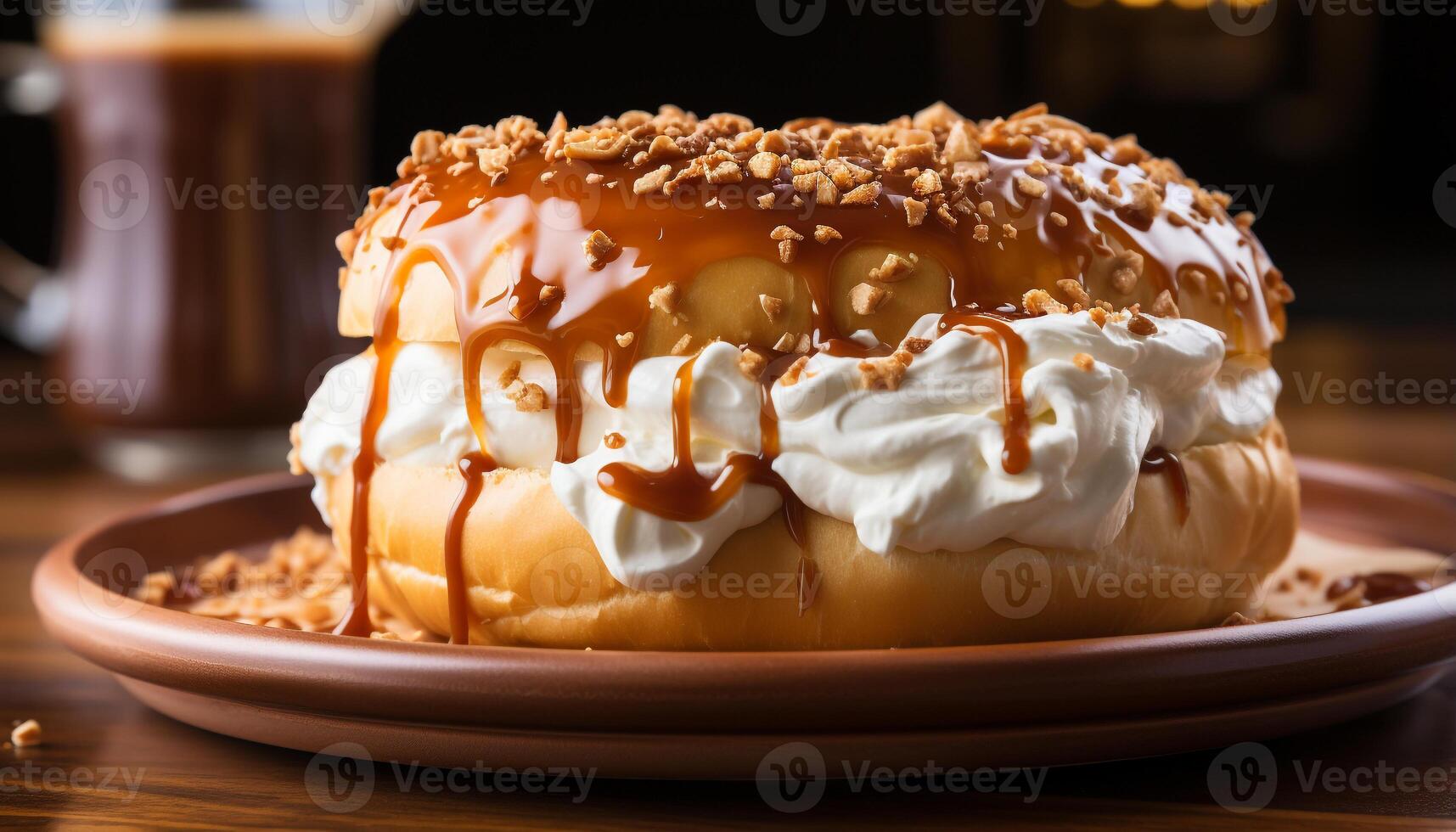 ai generato appena al forno cioccolato torta con frustato crema e frutta decorazione generato di ai foto