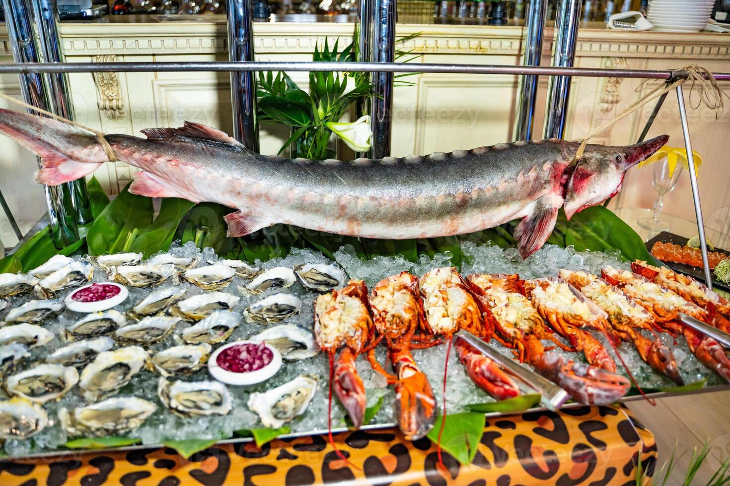 bene decorato banchetto con un oceano pesce, grande aragoste e Ostriche nel ghiaccio su il tavolo. frutti di mare nel il ristorante per ospiti. foto