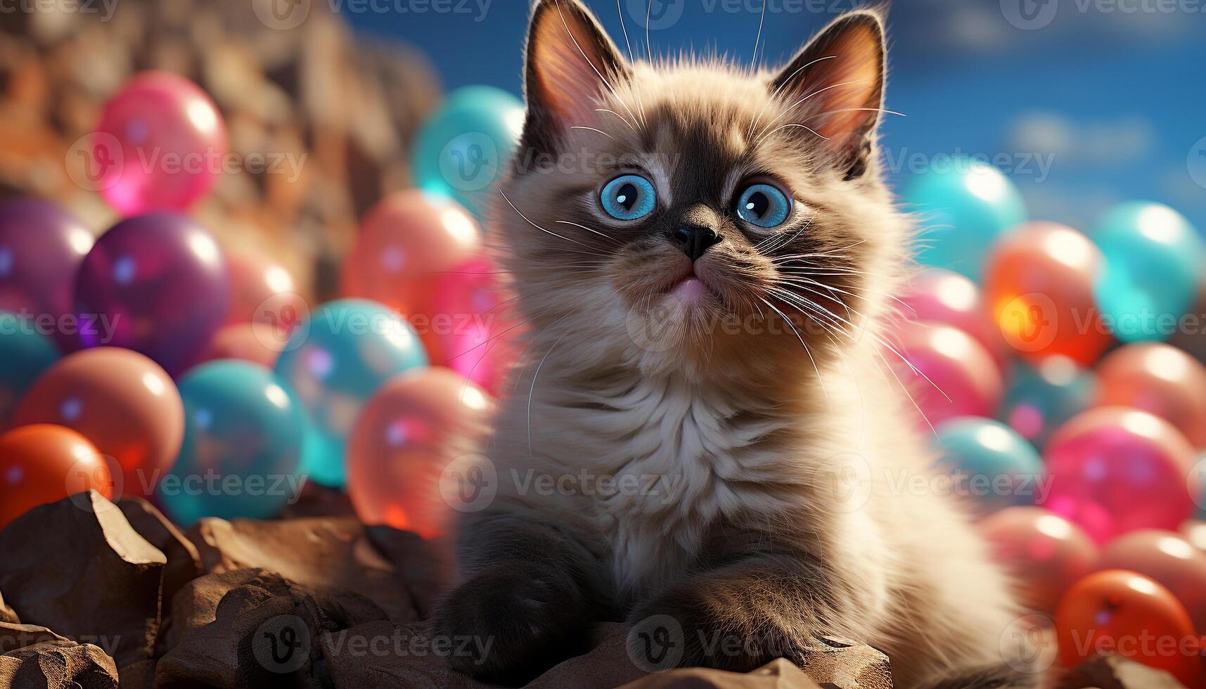 ai generato carino gattino giocando con giocattolo, circondato di colorato palloncini generato di ai foto