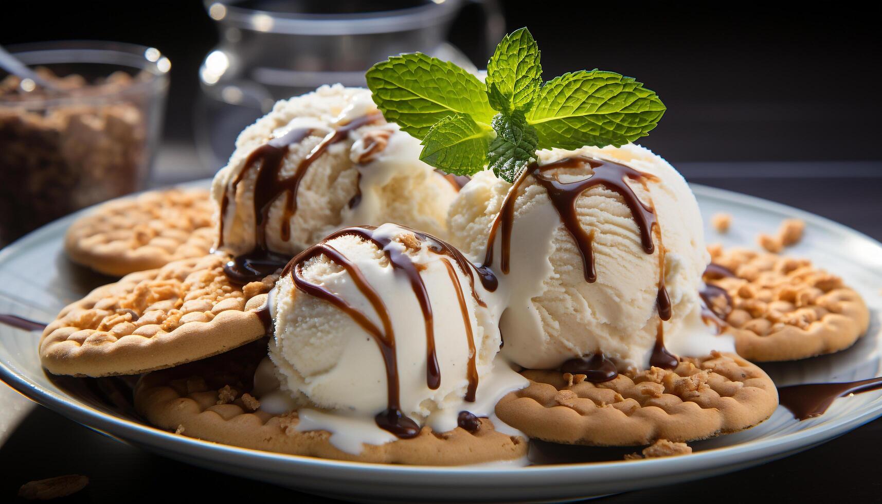 ai generato indulgente buongustaio dolce cioccolato ghiaccio crema con frustato crema generato di ai foto