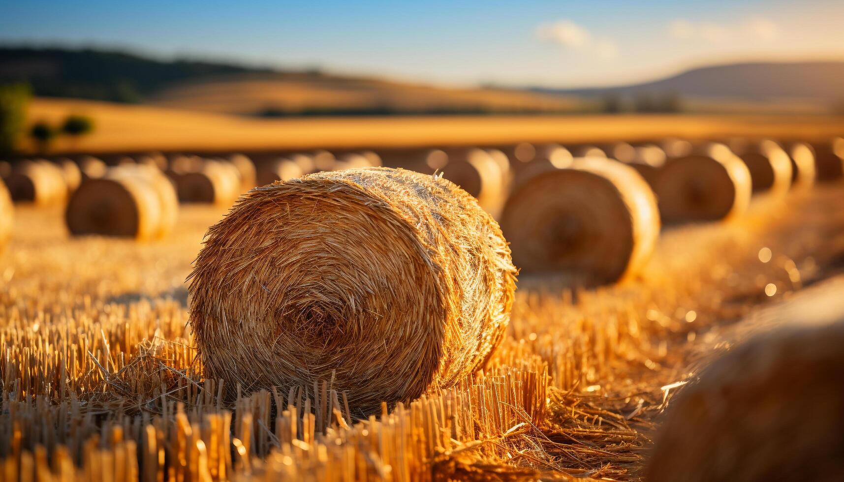 ai generato raccolta Grano, lanciato su balle, d'oro prato sotto tramonto generato di ai foto