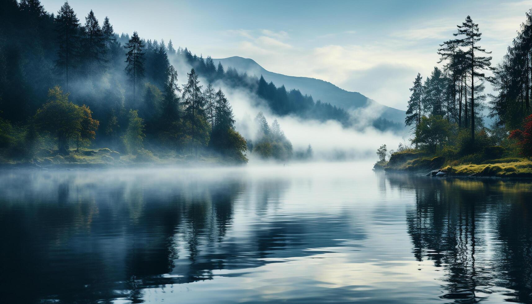 ai generato tranquillo scena autunno foresta riflette maestoso montagna gamma nel stagno generato di ai foto