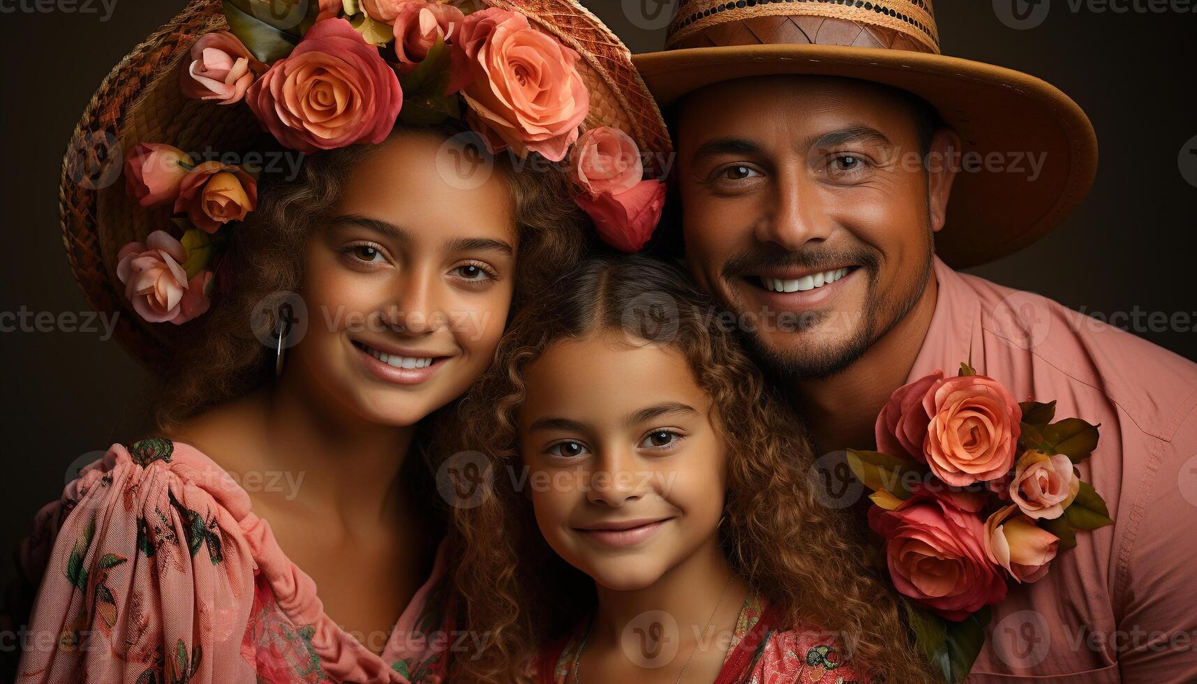 ai generato sorridente famiglia guardare a telecamera, felicità e amore catturato generato di ai foto