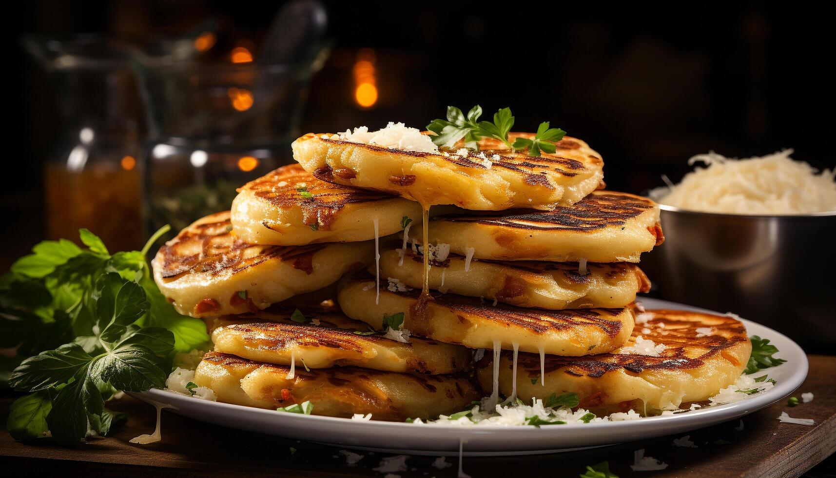 ai generato freschezza e calore su un' piatto, fatti in casa grigliato pancake pranzo generato di ai foto