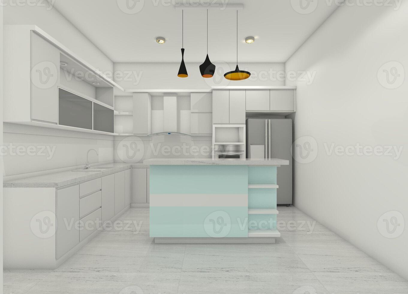 moderno cucina design con minimalista isola bar Consiglio dei ministri nel il centro, 3d illustrazione foto