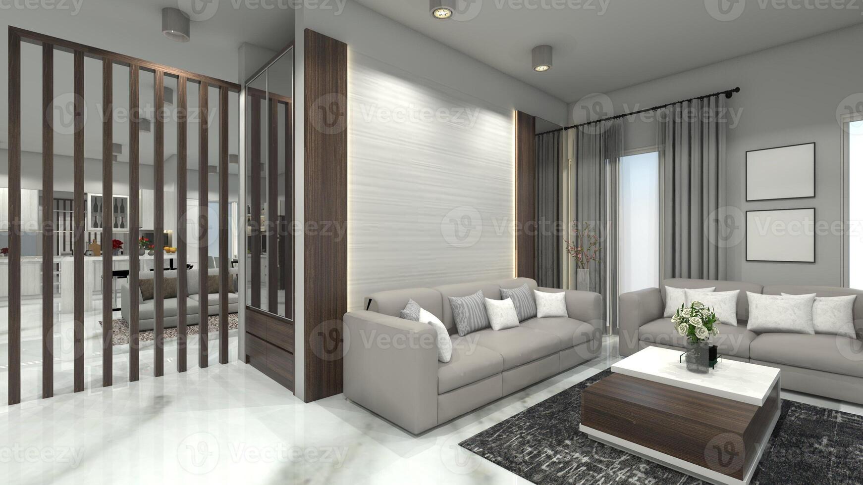 moderno vivente camera design con di legno parete partizione e pannello sfondo, 3d illustrazione foto