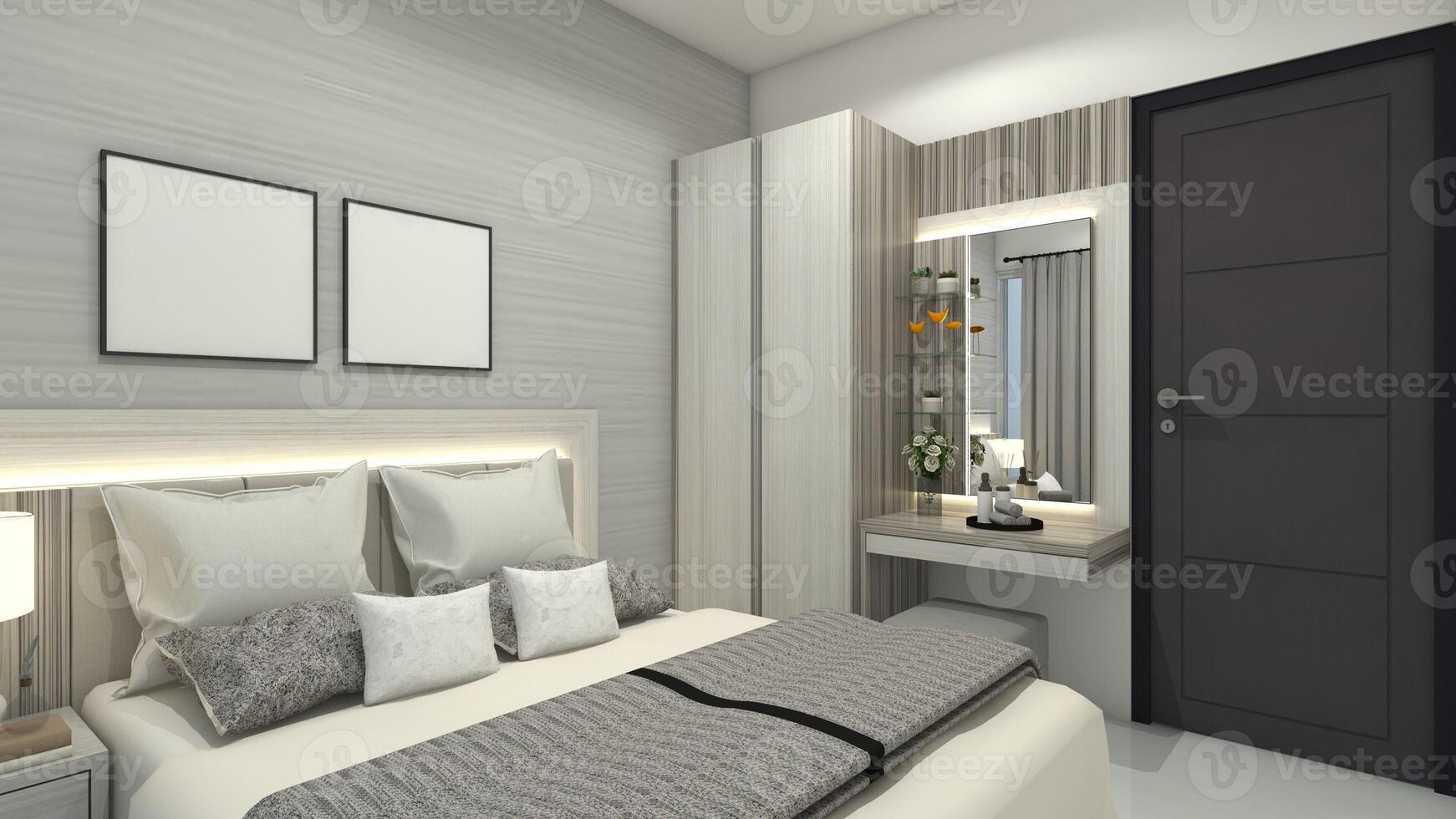 minimalista interno Camera da letto con semplice armadio Consiglio dei ministri e condimento tavolo, 3d illustrazione foto