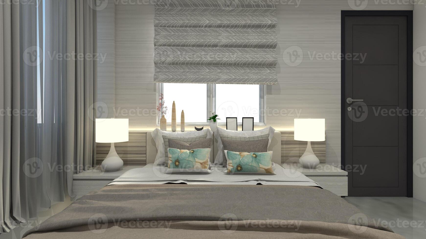 moderno di legno testata pannello per interno maestro Camera da letto, 3d illustrazione foto