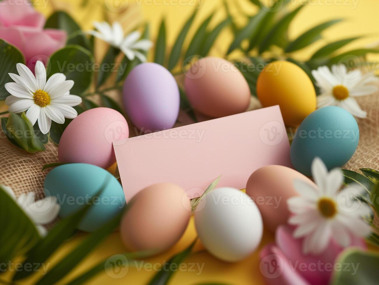 ai generato contento Pasqua. congratulazioni Pasqua sfondo. Pasqua uova e fiori su giallo. foto