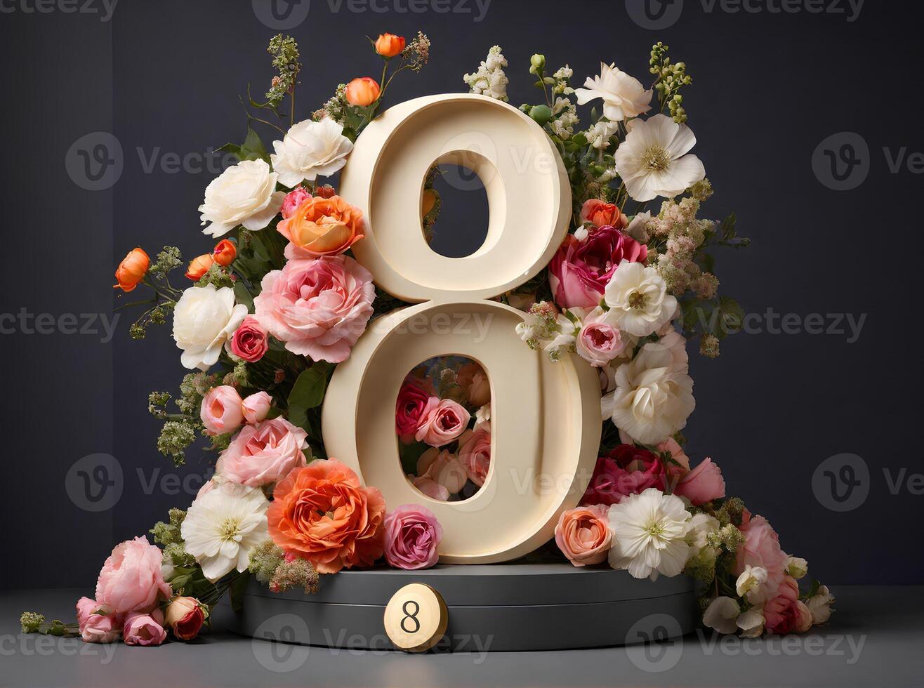 ai generato 3d Da donna giorno, 8 8 marzo numero decorato di fiori. foto