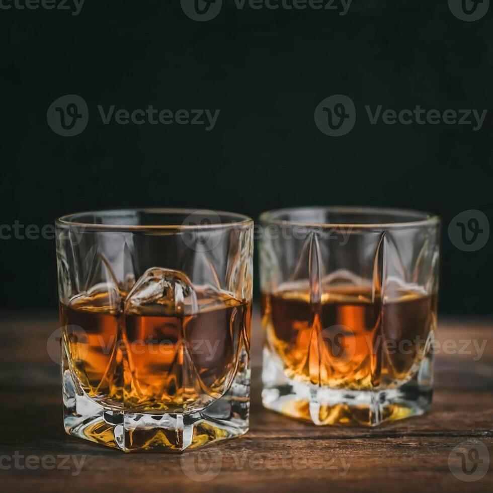 ai generato Due bicchieri di whisky o Cognac con ghiaccio su un' buio sfondo foto